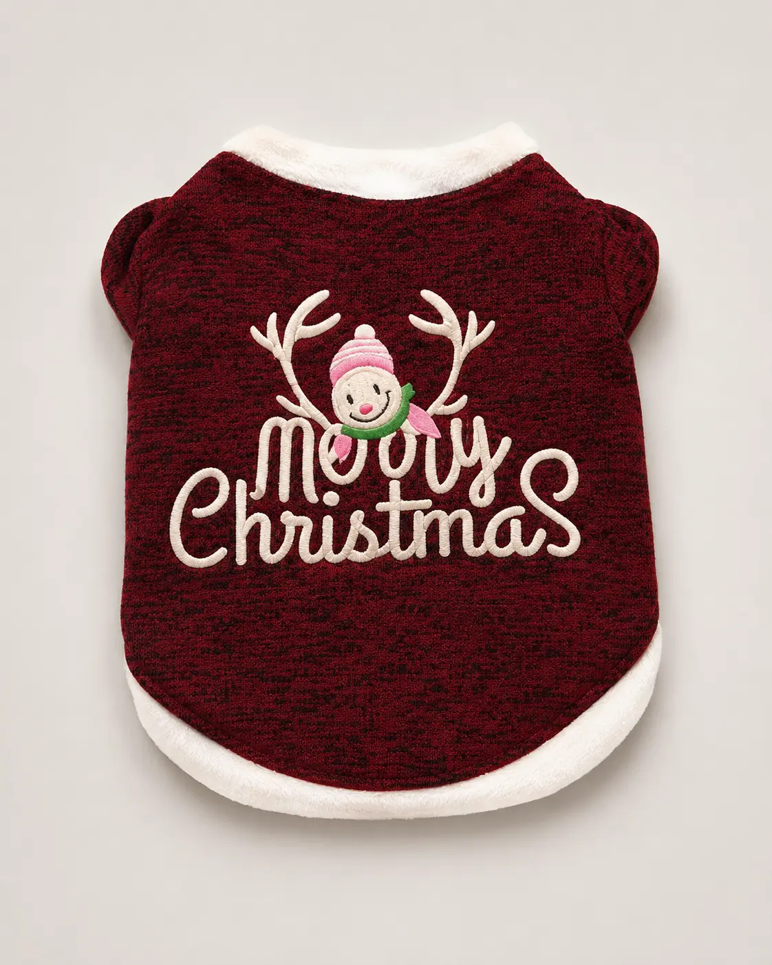 Burgundy dog sweater with cream Merry Christmas embroidery and fleece trim