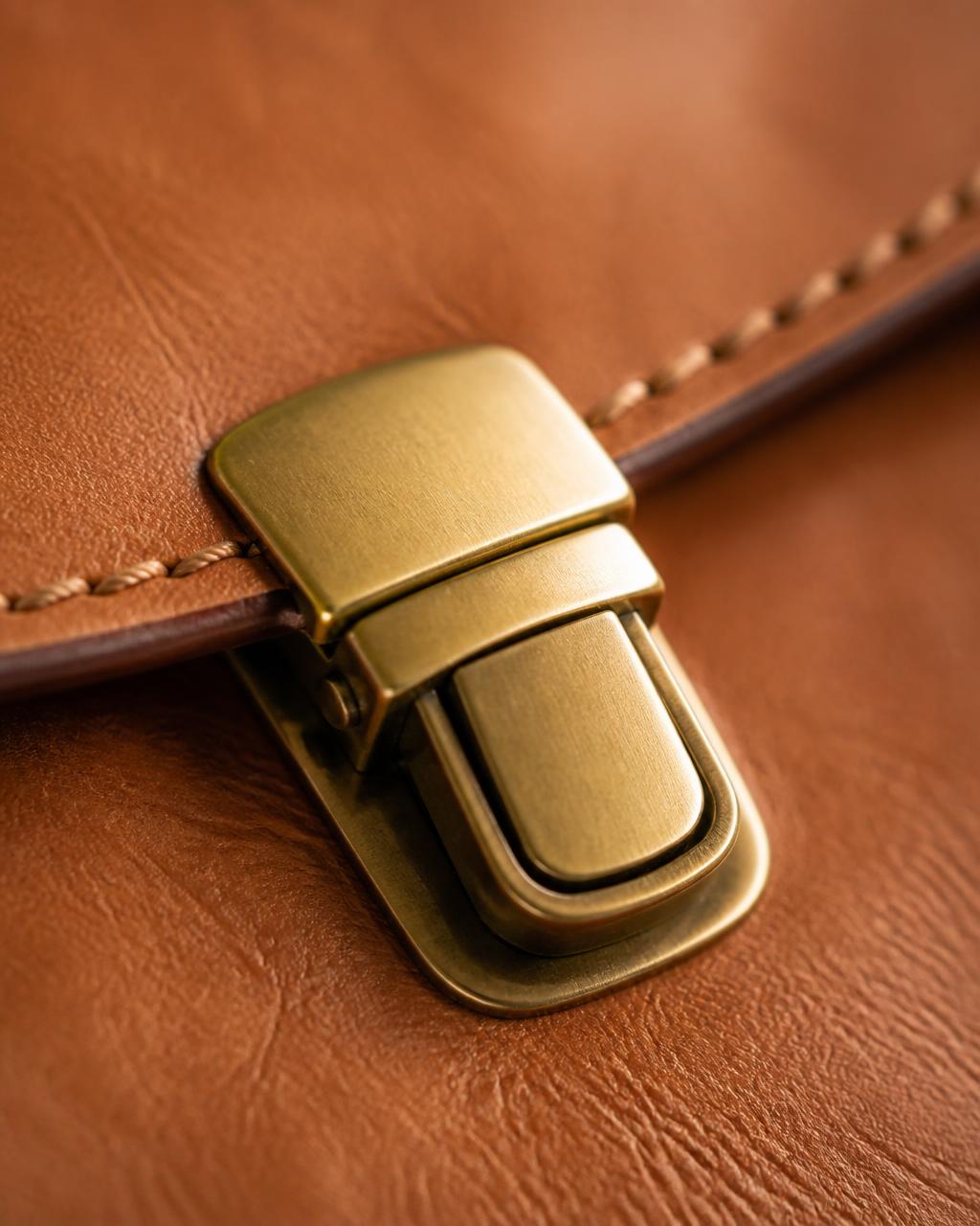 Detail of a brass clasp closing on tan leather