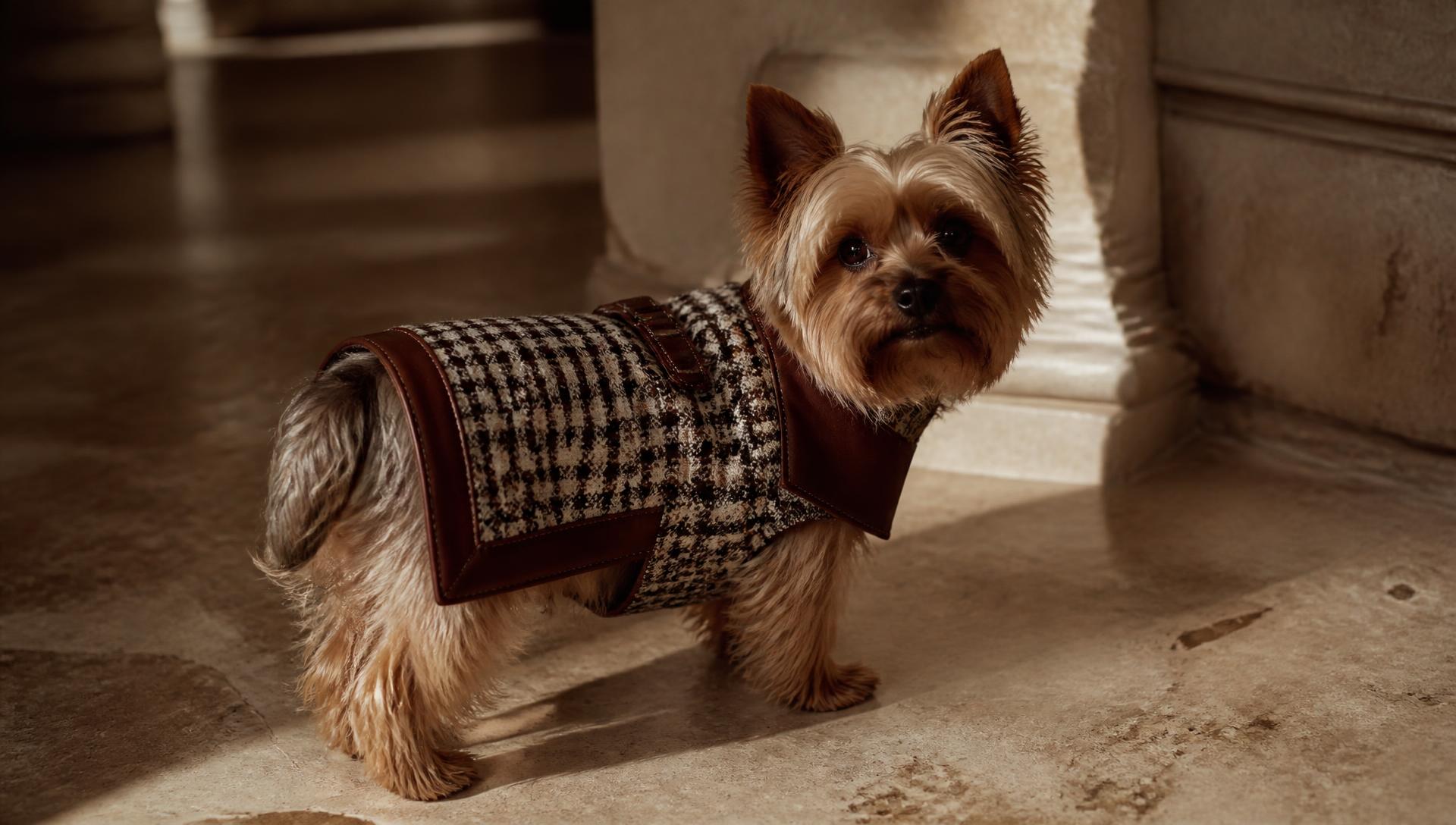 Yorkshire terrier in a hand-stitched leather and houndstooth coat in warm window light
