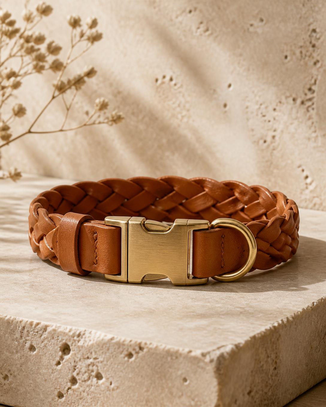 Braided tan leather dog collar with a brushed brass clasp on travertine